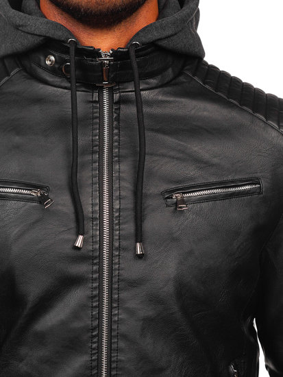 Chaqueta forrada de cuero con capucha para hombre negro Bolf 11Z8063