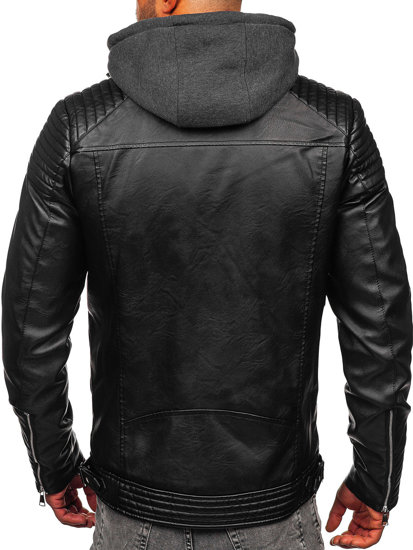 Chaqueta forrada de cuero con capucha para hombre negro Bolf 11Z8063