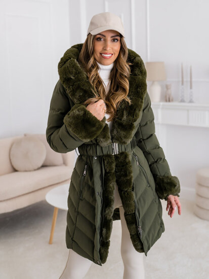 Chaqueta larga acolchada abrigo de invierno con capucha para mujer caqui Bolf 5M3156