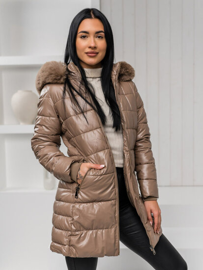 Chaqueta larga acolchada abrigo de invierno con capucha para mujer marrón Bolf 16M9120