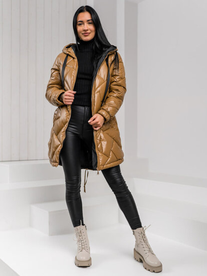 Chaqueta larga acolchada abrigo de invierno con capucha para mujer marrón Bolf 5M3189