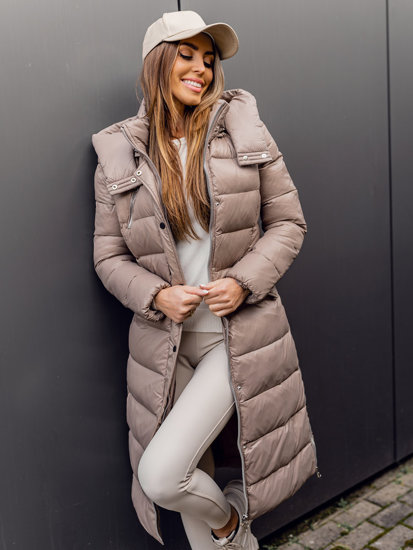 Chaqueta larga acolchada abrigo de invierno con capucha para mujer marrón Bolf M689