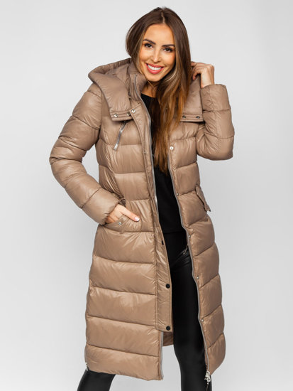 Chaqueta larga acolchada abrigo de invierno con capucha para mujer marrón Bolf M689