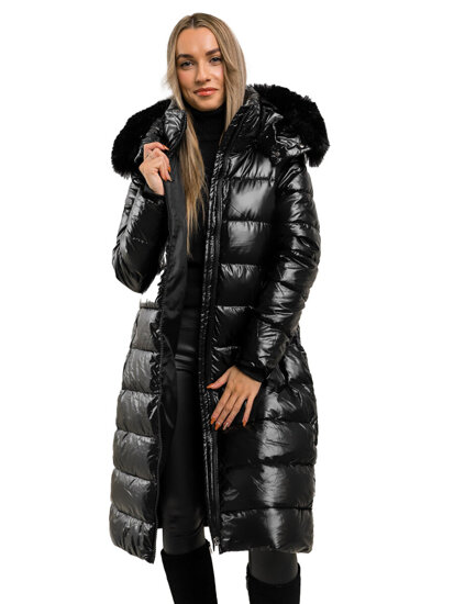 Chaqueta larga acolchada abrigo de invierno con capucha para mujer negro Bolf 16M9127