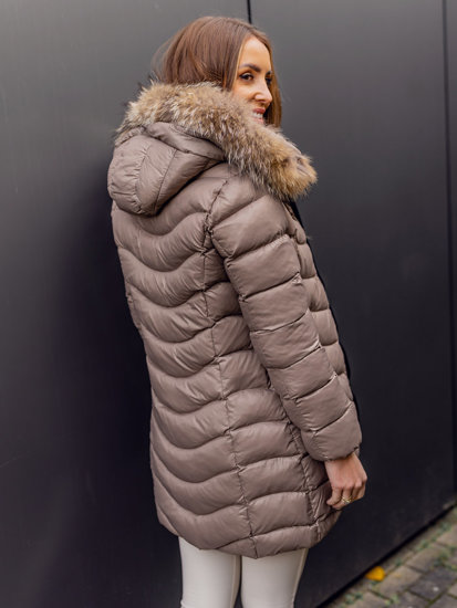 Chaqueta larga acolchada abrigo de invierno con pelo natural para mujer marrón Bolf M688