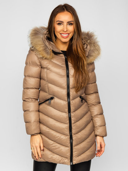 Chaqueta larga acolchada abrigo de invierno con pelo natural para mujer marrón Bolf M688