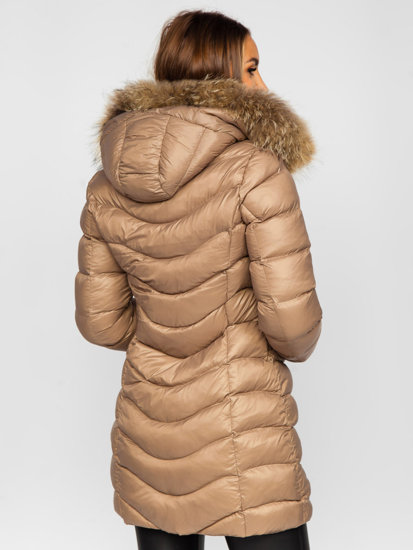 Chaqueta larga acolchada abrigo de invierno con pelo natural para mujer marrón Bolf M688