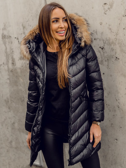 Chaqueta larga acolchada abrigo de invierno con pelo natural para mujer negro Bolf M688