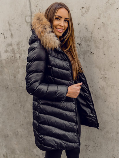 Chaqueta larga acolchada abrigo de invierno con pelo natural para mujer negro Bolf M688