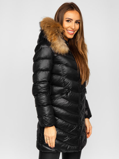 Chaqueta larga acolchada abrigo de invierno con pelo natural para mujer negro Bolf M688