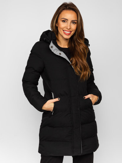 Chaqueta larga acolchada de invierno abrigo con capucha negro para mujer Bolf 7091