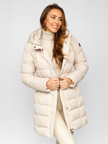 Chaqueta larga acolchada de invierno abrigo con capucha para mujer beige Bolf 7086