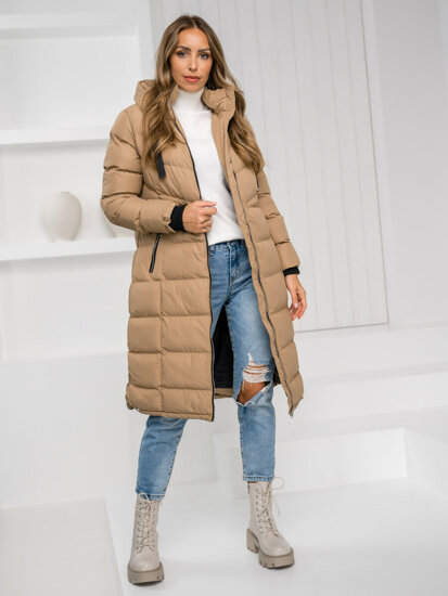 Chaqueta larga acolchada de invierno con capucha abrigo para mujer camel Bolf 5M736