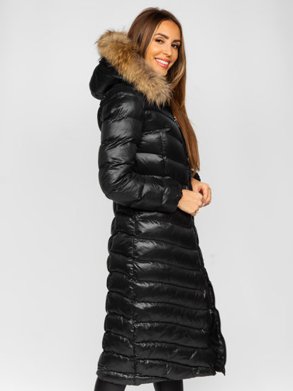 Chaqueta larga acolchada de invierno para mujer con pelo natural. Negro Bolf M699