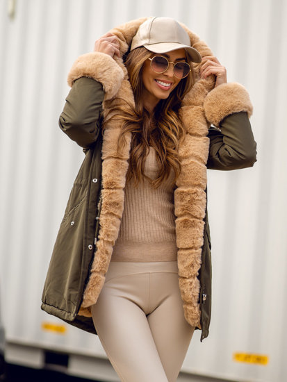 Chaqueta parka con capucha de invierno para mujer caqui Bolf 7033