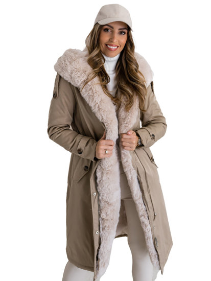 Chaqueta parka larga de invierno con capucha para mujer beige Bolf B557