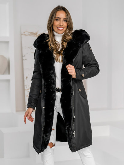 Chaqueta parka larga de invierno con capucha para mujer negro Bolf B557