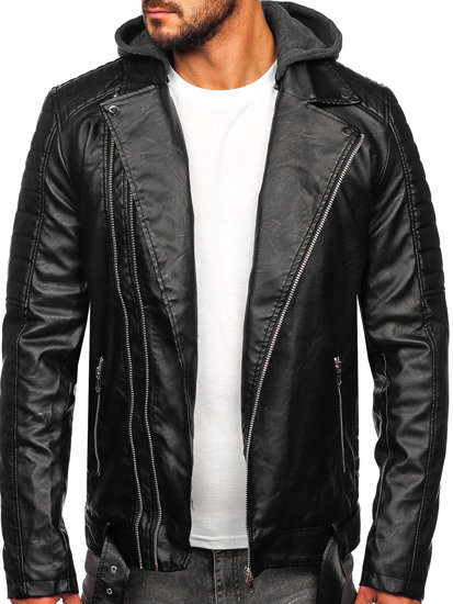 Chaqueta ramonera biker de cuero con capucha para hombre negro Bolf 11Z8005