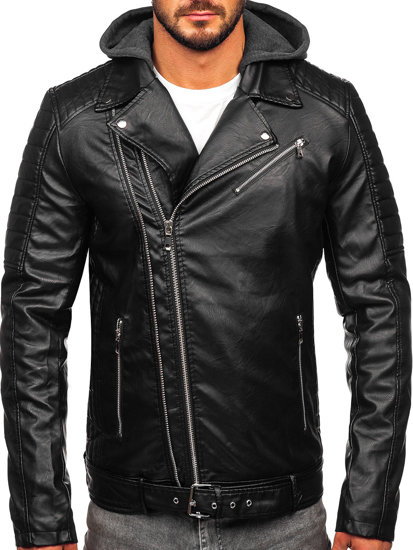 Chaqueta ramonera biker de cuero con capucha para hombre negro Bolf 11Z8005