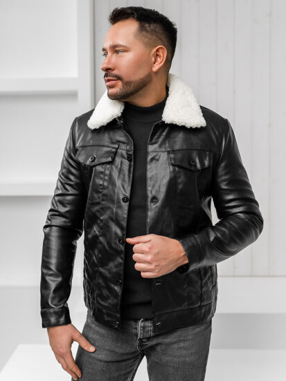 Chaqueta tipo aviador de cuero de invierno para hombre negro Bolf 8830A1