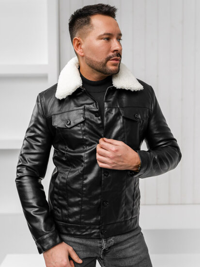 Chaqueta tipo aviador de cuero de invierno para hombre negro Bolf 8830A1