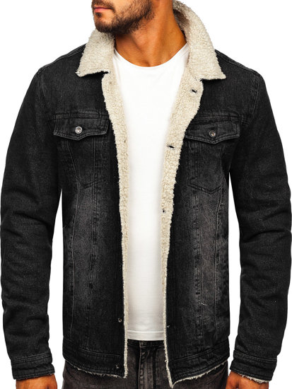 Chaqueta vaquera trucker aislante para hombre con cuello de borrego negra Bolf 1158