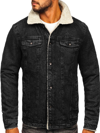 Chaqueta vaquera trucker aislante para hombre con cuello de borrego negra Bolf 1159