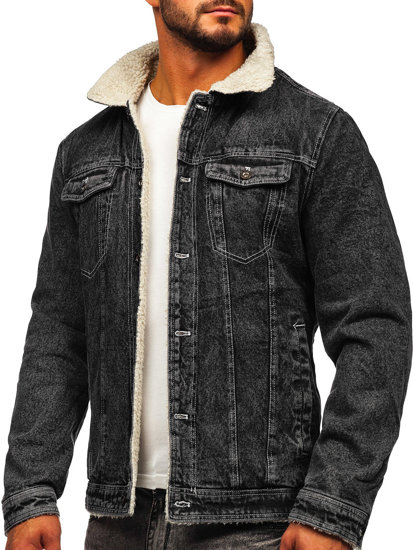 Chaqueta vaquera trucker aislante para hombre negra con cuello de borrego Bolf 1160