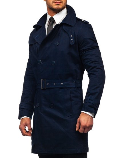 Gabardina cruzada para hombre color azul oscuro con cuello alto y cinturón Denley 5569