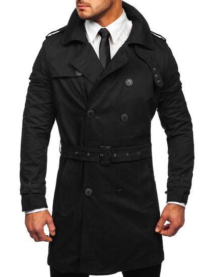 Gabardina cruzada para hombre color negro con cuello alto y cinturón Denley 5569