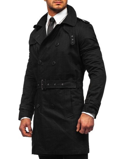 Gabardina cruzada para hombre color negro con cuello alto y cinturón Denley 5569