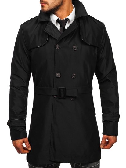 Gabardina cruzada para hombre con cuello alto y cinturón color negro Bolf 0001