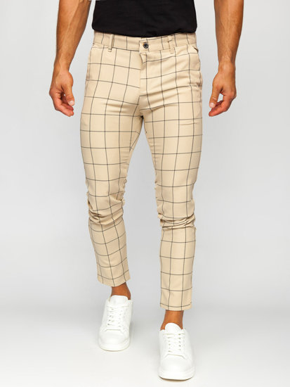 Pantalón chino de tela a cuadros para hombre beige Bolf 0037