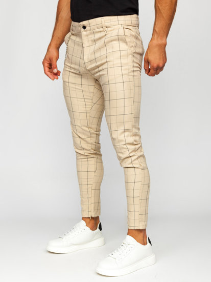 Pantalón chino de tela a cuadros para hombre beige Bolf 0060