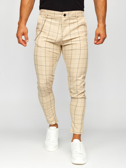 Pantalón chino de tela a cuadros para hombre beige Bolf 0060