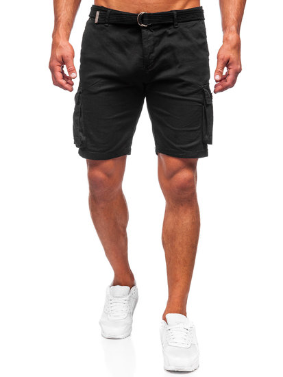 Pantalón corto de tela con cinturón cargo para hombre negro Bolf 010