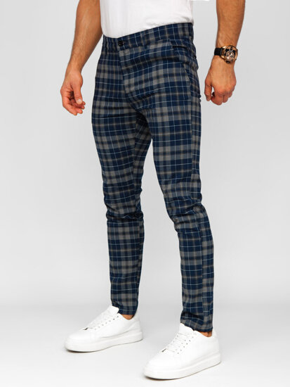 Pantalón de etiqueta a cuadros de tela para hombre azul oscuro Bolf 184142