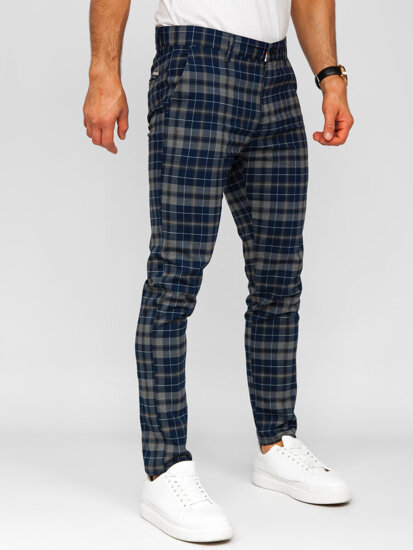 Pantalón de etiqueta a cuadros de tela para hombre azul oscuro Bolf 184142