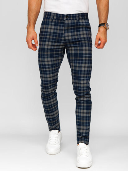 Pantalón de etiqueta a cuadros de tela para hombre azul oscuro Bolf 184142