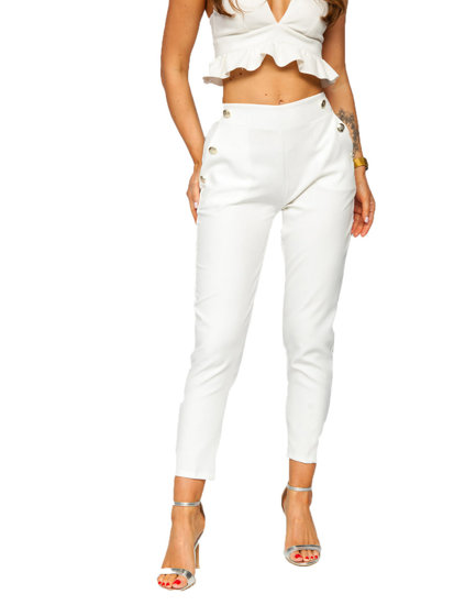 Pantalón de tela con botones decorativos para mujer blanco Bolf 8155