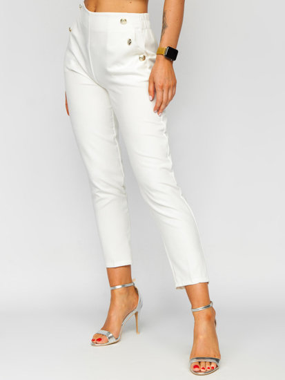 Pantalón de tela con botones decorativos para mujer blanco Bolf 8155