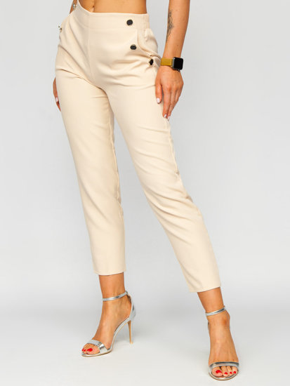 Pantalón de tela con botones decorativos para mujer ecrú Bolf 8155