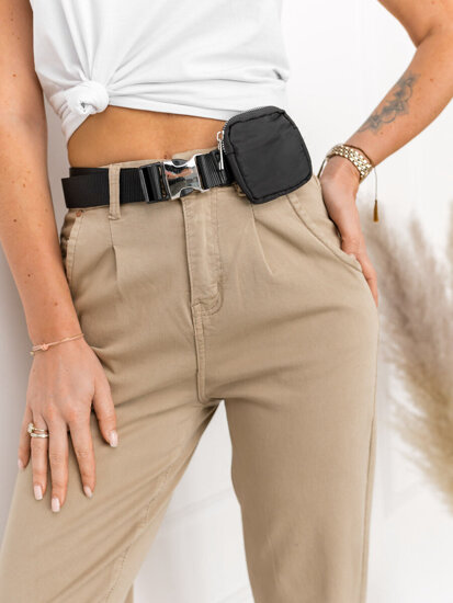 Pantalón vaquero de tiro alto con cinturón con bolsita para mujer beige Bolf LA688