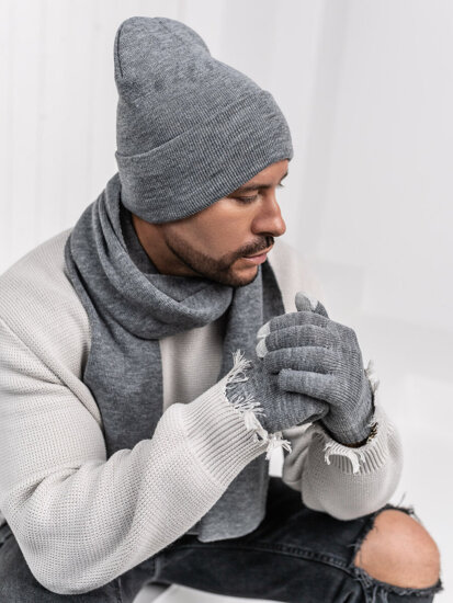 Set de invierno para hombre gris - gorro, bufanda, guantes Bolf 2025007