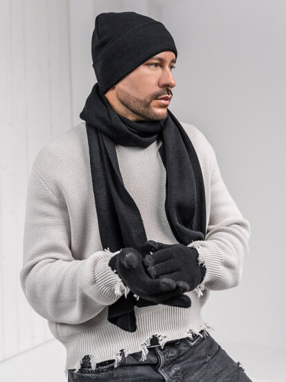 Set de invierno para hombre negro - gorro, bufanda, guantes Bolf 2025007