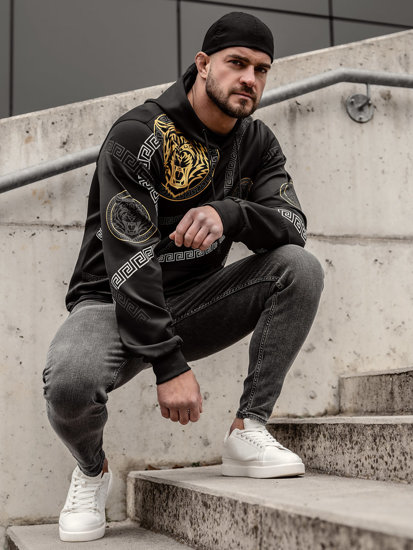 Sudadera con capucha tipo canguro con impresión para hombre negro Bolf 8B999A