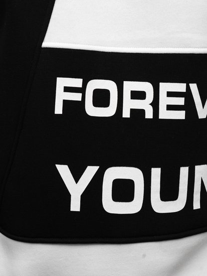 Sudadera con impresión Forever Young sin capucha para hombre color negro y blanco Bolf 0003