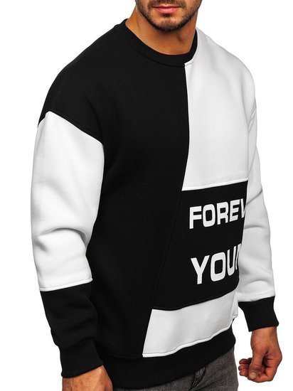 Sudadera con impresión Forever Young sin capucha para hombre color negro y blanco Bolf 0003