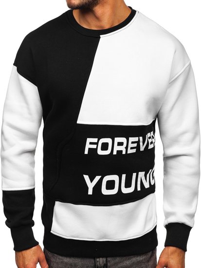 Sudadera con impresión Forever Young sin capucha para hombre color negro y blanco Bolf 0003