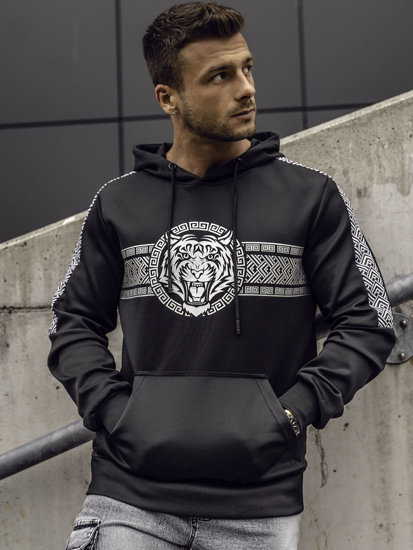 Sudadera tipo canguro con capucha con impresión para hombre negro Bolf 8B996